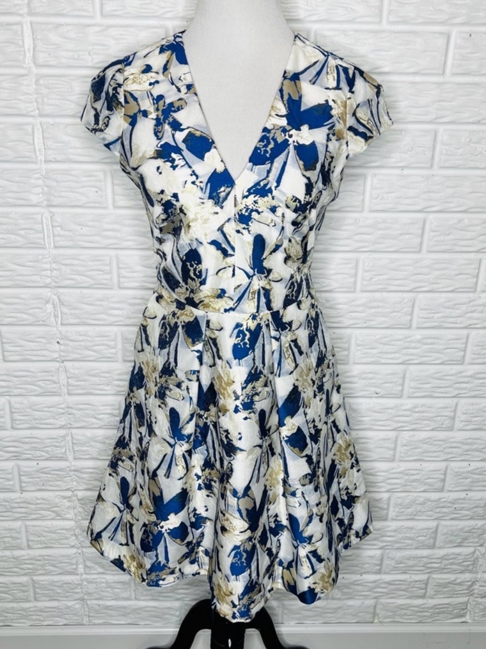 Vince Camuto Blue, White & Gold Floral Wrap Midi Dress